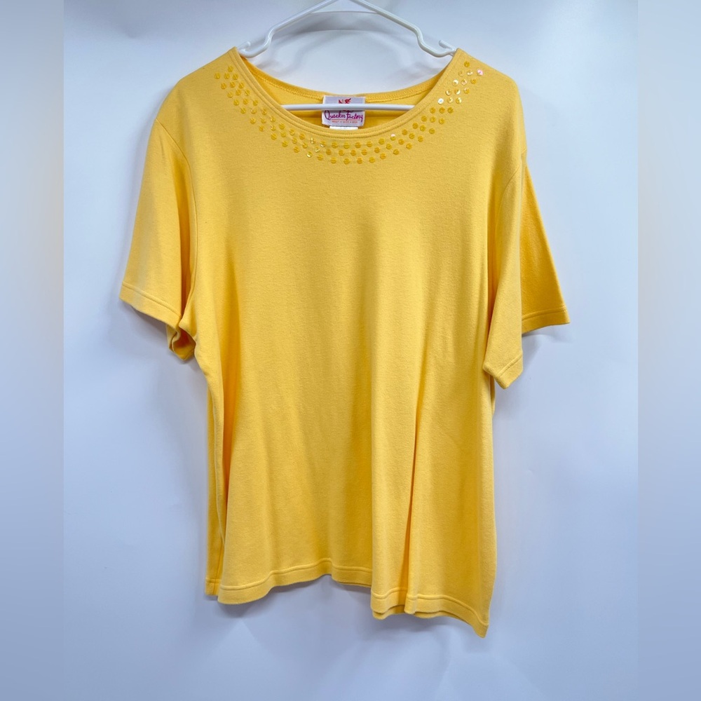 Quacker Factory Yellow Sequin Scoop Neck Short Sleeve Shirt Size 1X